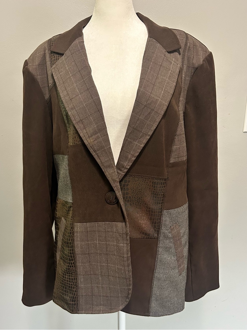 Vintage Elementz Women’s Patchwork Brown Blazer Jacket Mixed Media Y2K
